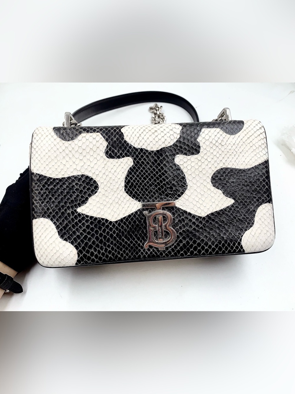 Authentic Burberry TB Logo Cow Print Leather Shoulder Bag - Picture 2 of 12